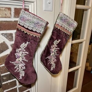 2 Pair Of Purple Velvet Christmas Stockings With Beads, Floral Appliqué VTG